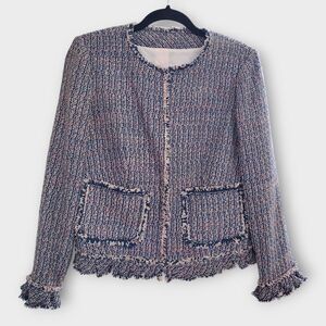Rebecca Taylor Fringe Trim Tweed Blazer, Size 8, Navy/Pink/Cream NWOT